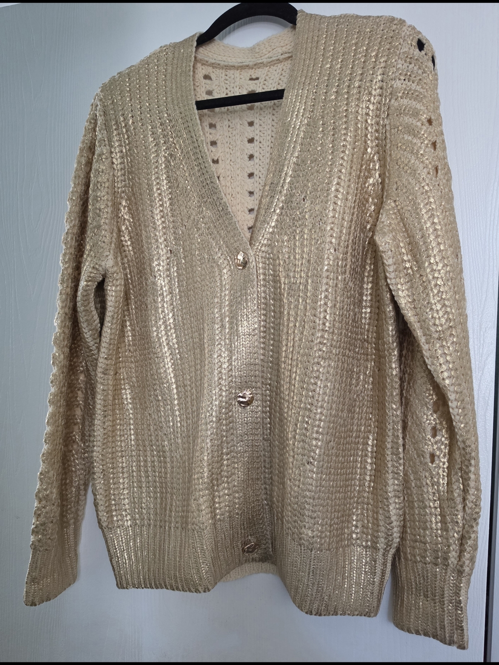 Metallic Gold V-Neck Knit Cardigan Sweater